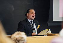 Cultural Education Director Jeremy Johnson playing an instrument at the 2nd Annual Lenape Symposium