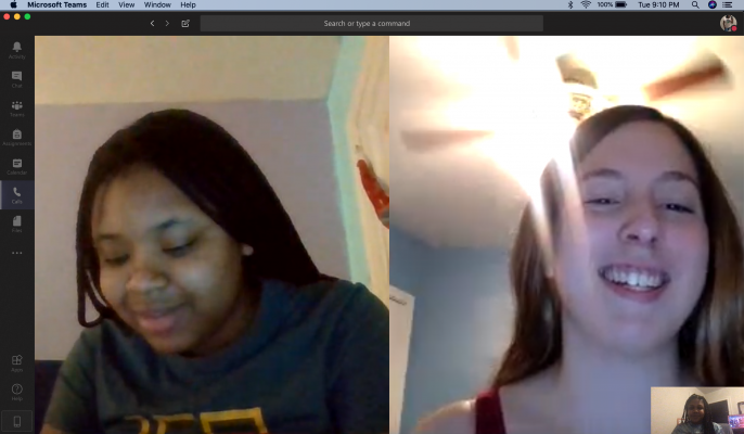 Julia Paiano '23, Maia Peele '23, and Iasia Oten '23 have a chat on Microsoft Teams.