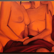 A couple embracing. Canvas is saturated in a bright orange color.