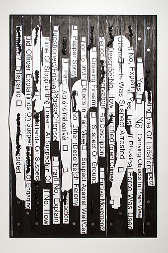 Nari Ward, Suspect on Ground, 2012. Wood, magnets, nylon, printed fleece blankets. 72 x 48 x 4 in...