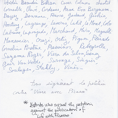 Artists who signed the petition against the publication of Life with Picasso.