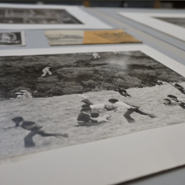 Black and white image in open book of kids in a field.