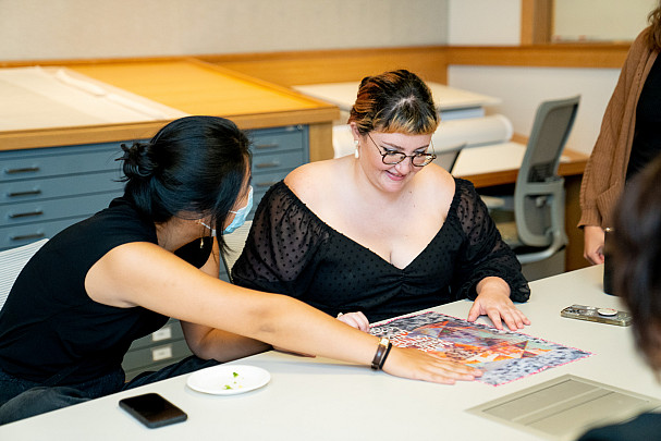 Two friends look at art in the Works on Paper Room.Ursinus College and the Berman Museum permitte...