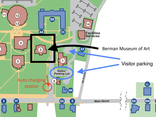 Map of campus with arrows to parking spots.