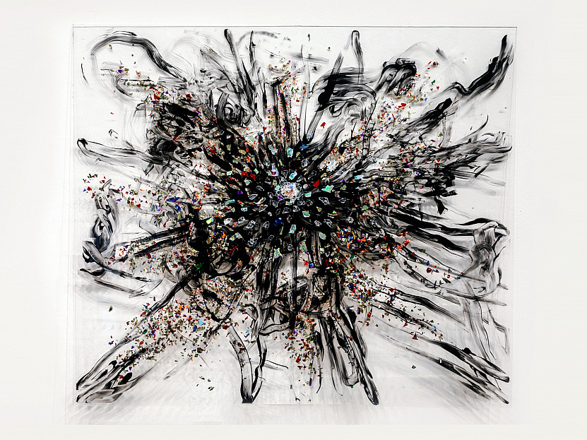 Photograph of an acrylic, confetti, glass on glass panel, called Big Bang, created by Sarah Marchione.