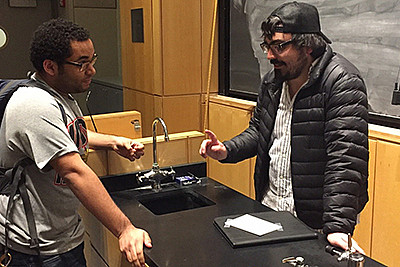 Shane Kowalski UC'11 chats with junior Brandon Carey after Kowalski's fiction reading at Ursinus. Shane will complete his MFA at Cornell ...