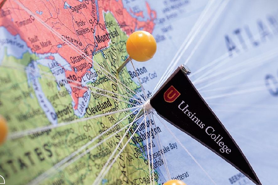 Close up on the United States map with Ursinus College Flag on map indicating location.