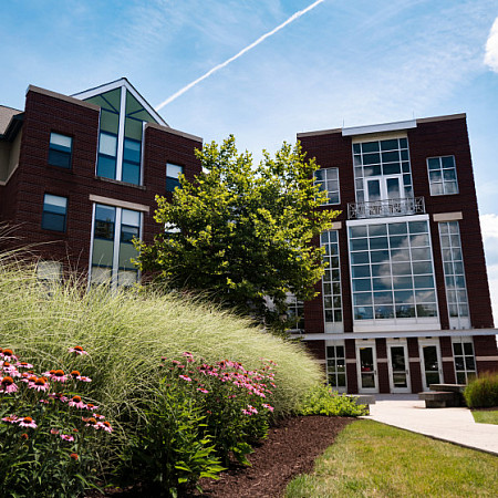 New Hall with spring flowers blooming