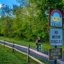Perkiomen Trail sign with a biker on the trail.